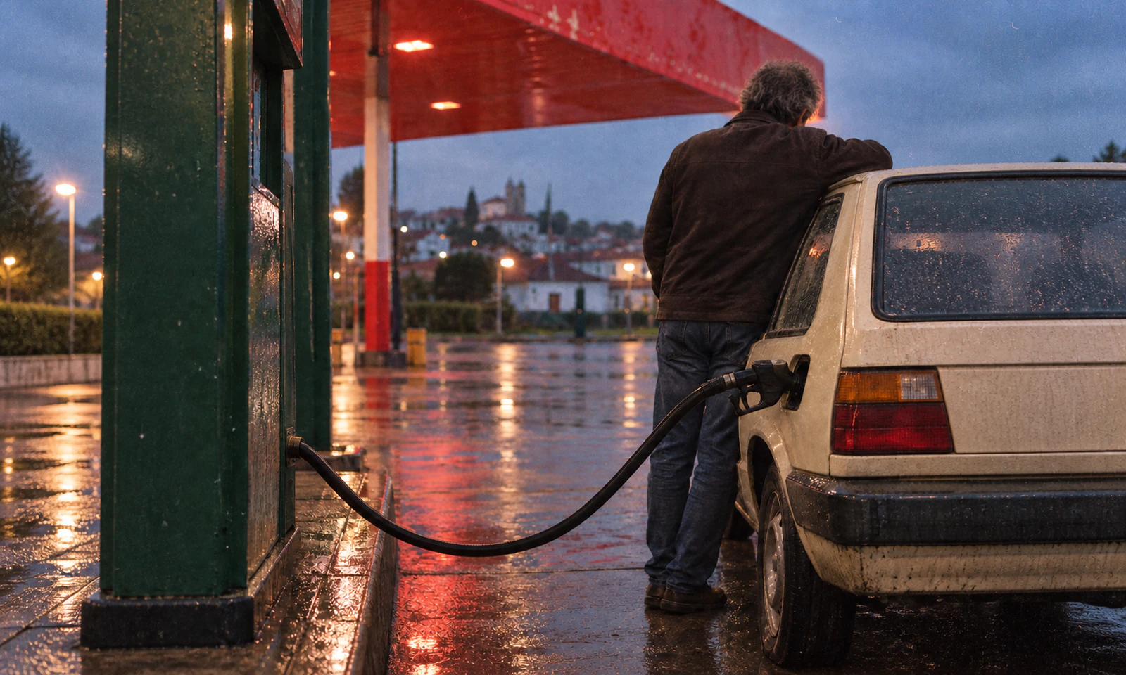 A driver pauses beside an older car at a fuel station after rain
