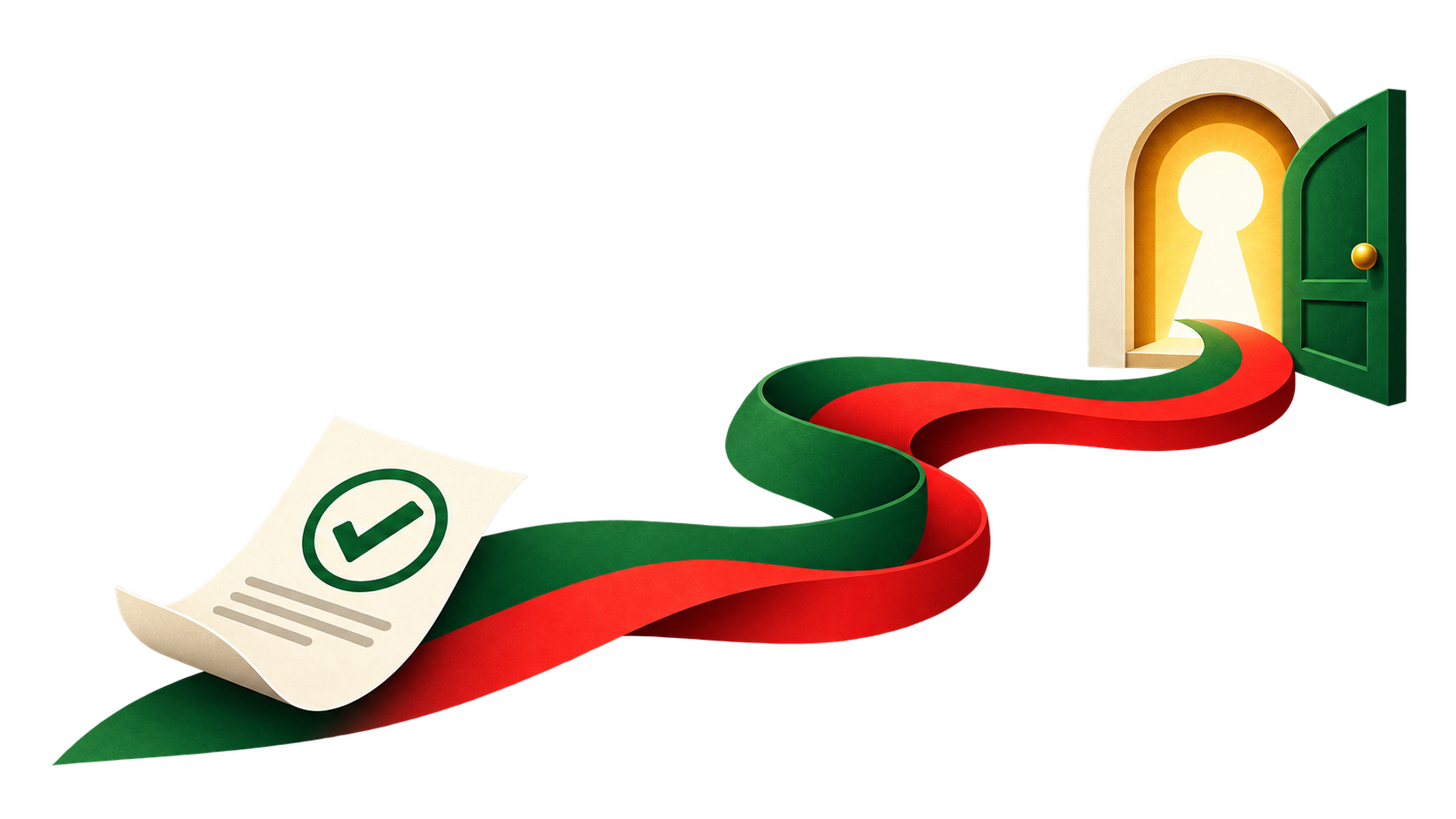 An approved document follows a Portuguese-coloured path towards an open door