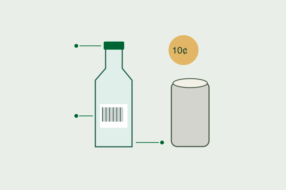 A capped bottle with an intact barcode stands beside a metal can and a ten-cent mark.
