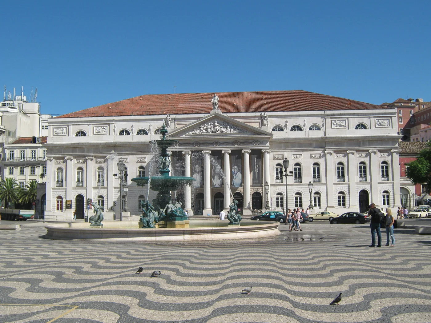 Bands of wavy paving in front of the Dona Maria II theatre at Rossio.