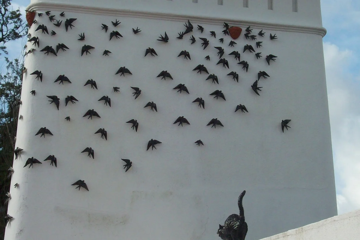 Black ceramic swallows of different sizes fixed to a white wall in Lisbon.