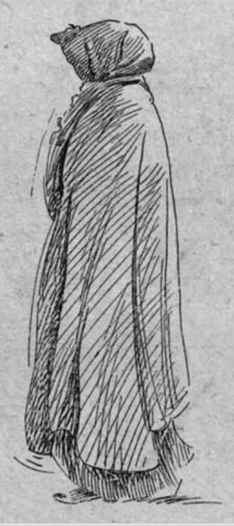 A historical drawing shows an Algarvian woman enclosed in a long cloak with a projecting hood.