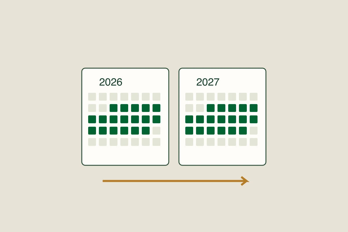 Two example calendars mark nights on both sides of New Year.